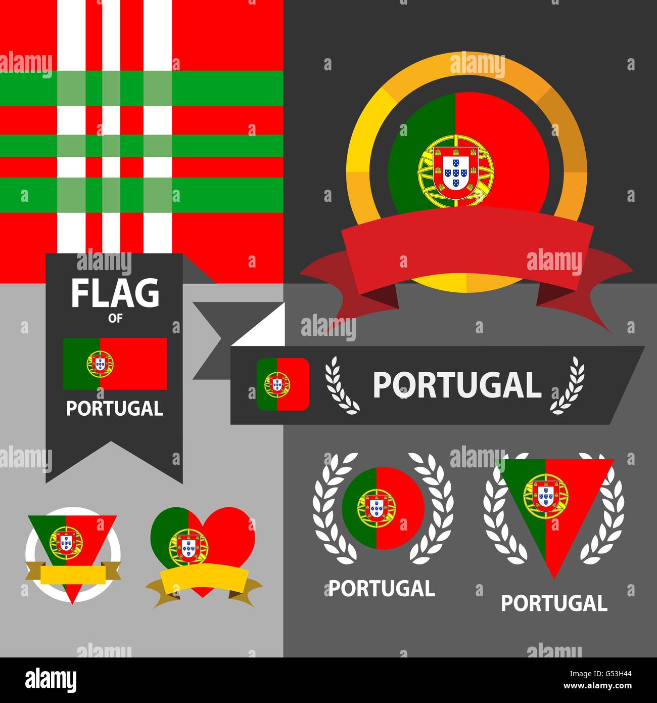 Set di bandiera del Portogallo, emblema e il motivo dello sfondo. Illustrazione Vettoriale