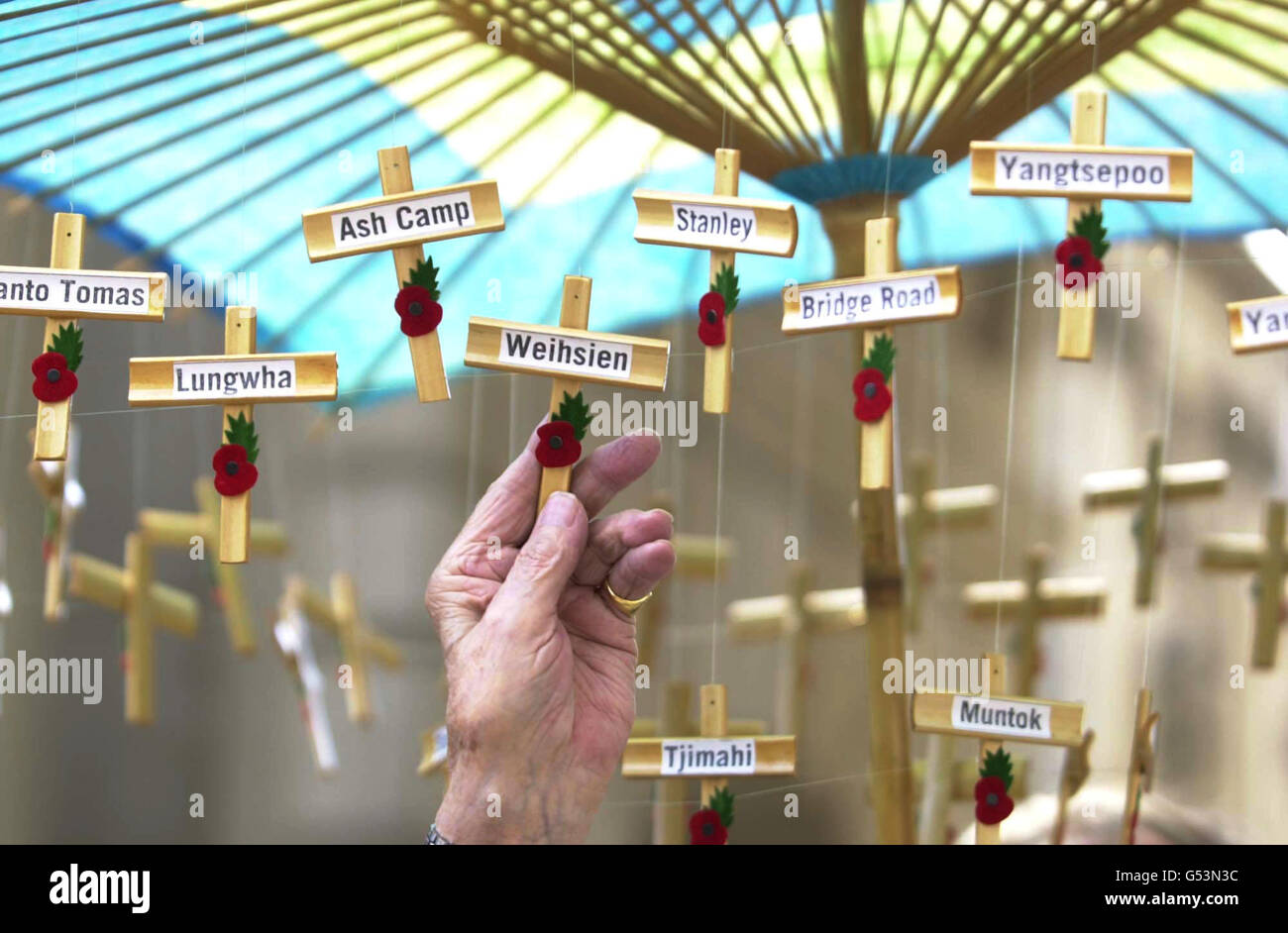 Croci di bambù con i nomi dei campi di prigionia giapponesi che i prigionieri britannici sono stati tenuti durante la seconda guerra mondiale. Gli ex prigionieri di guerra stavano marciando a Downing Street e all'ambasciata giapponese per celebrare il 55° anniversario del VJ Day. * i pensionati consegneranno lettere sia all'ambasciatore giapponese che a Tony Blair, chiedendo un risarcimento per i loro anni di tortura e di trattamento barbaro nei campi di prigionia durante la guerra. I prigionieri di guerra chiedono anche una 'scusa ingenuosa' dai giapponesi per la loro sofferenza. Molti dei veterani vivono oggi in cattive condizioni e sentono la loro sofferenza Foto Stock