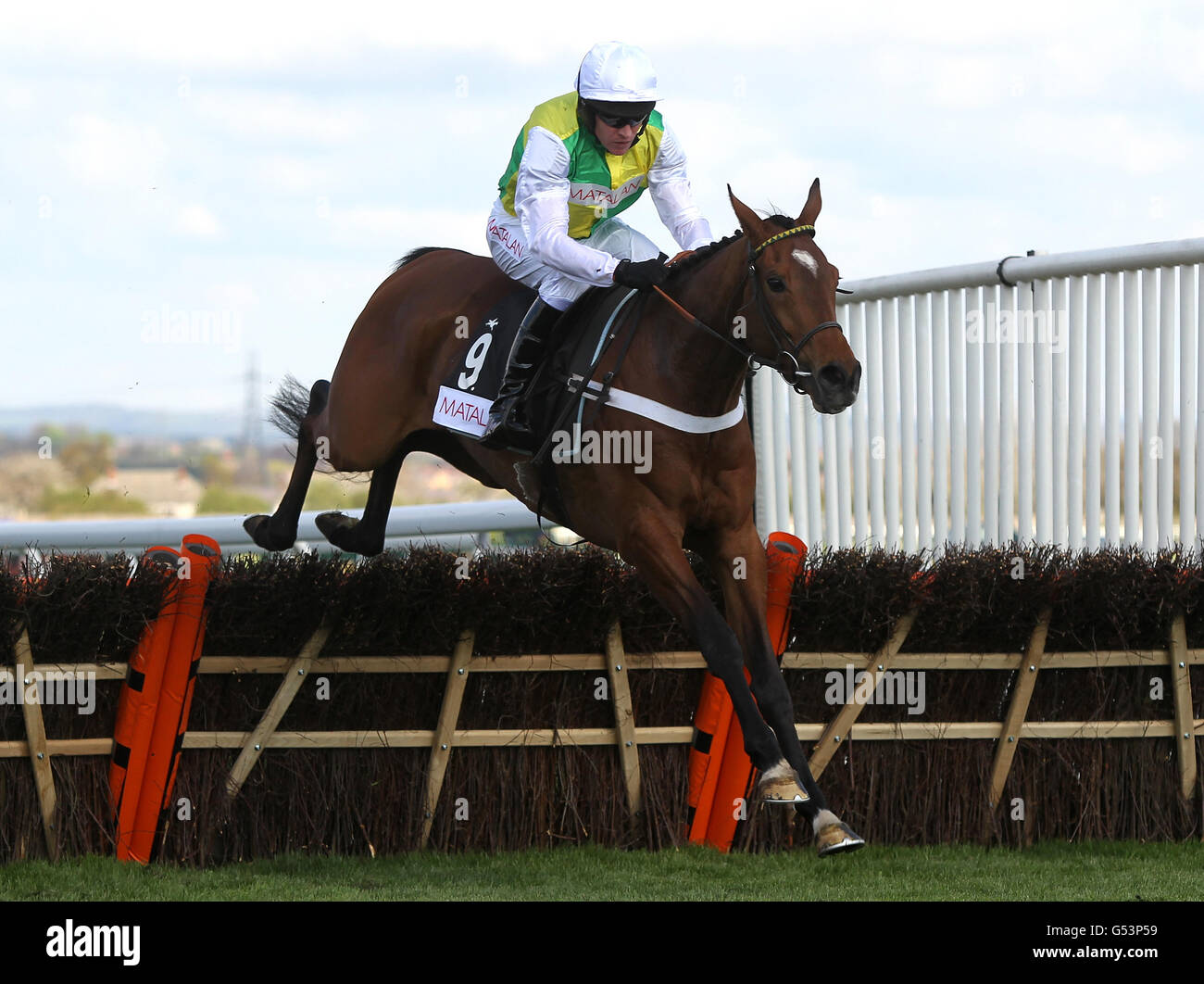 Corse di cavalli - il 2012 John Smith's Grand National - Day One - Ippodromo di Aintree. Lyvius guidato da Barry Geraghty durante il Matalan Anniversary 4-Y-o Juvenile ostacoli al circuito di Aintree, Liverpool. Foto Stock