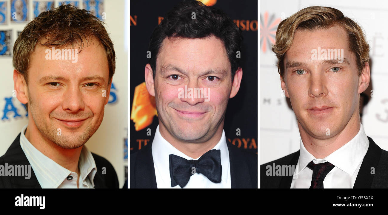 Foto di archivio non pubblicate (da sinistra a destra) di John SIMM, Dominic West e Benedict Cumberbatch che sono stati nominati oggi per il miglior attore in Arqiva British Academy Television Awards di quest'anno, che si svolge il 27 maggio. Foto Stock