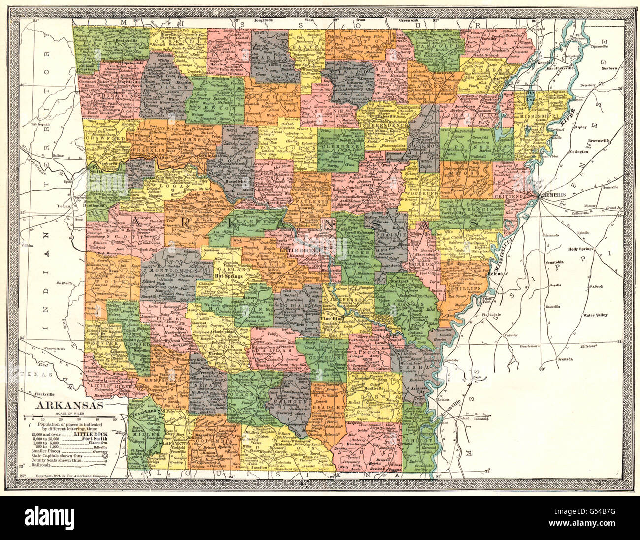 ARKANSAS state mappa. Contee, 1907 Foto Stock