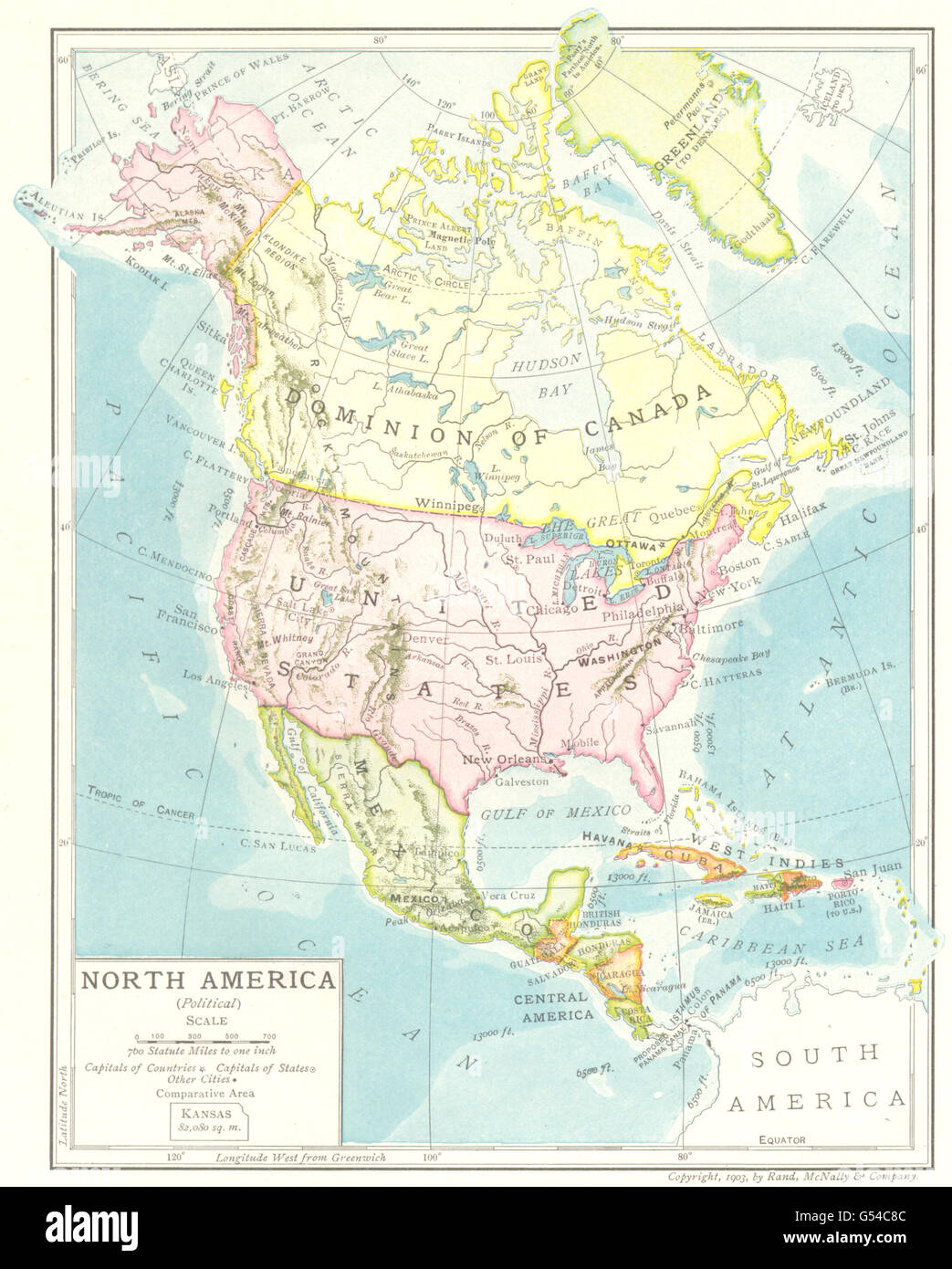 Nord America (politico). Stati Uniti Dominion del Canada Meixco, 1907 Mappa Foto Stock