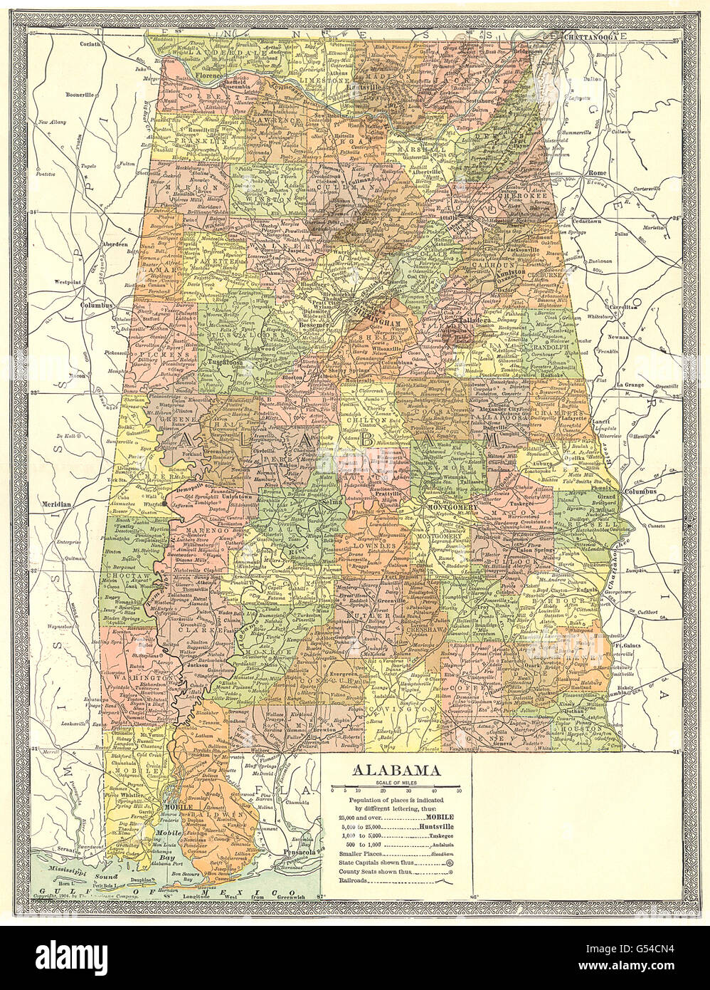 Lo stato dell'Alabama mappa. Contee, 1907 Foto Stock