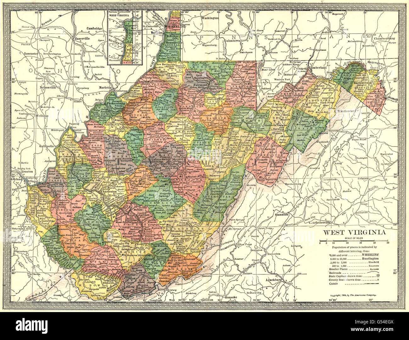 WEST VIRGINIA mappa di stato. Contee, 1907 Foto Stock