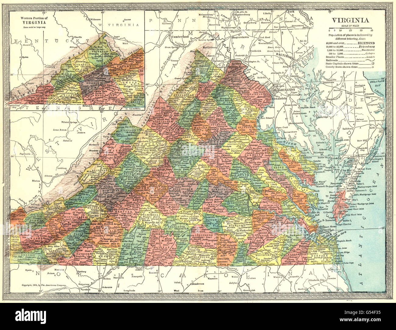 Stato della Virginia mappa. Contee, 1907 Foto Stock