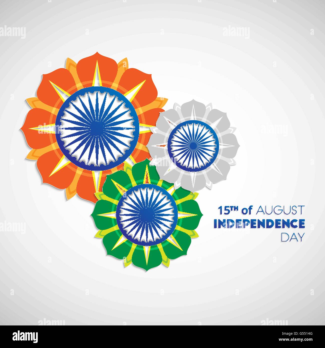Felice Giorno Di Indipendenza in India. Il 15 di agosto. Indian Independence Day abstract sfondo con fiori e ruota di ashoka Illustrazione Vettoriale
