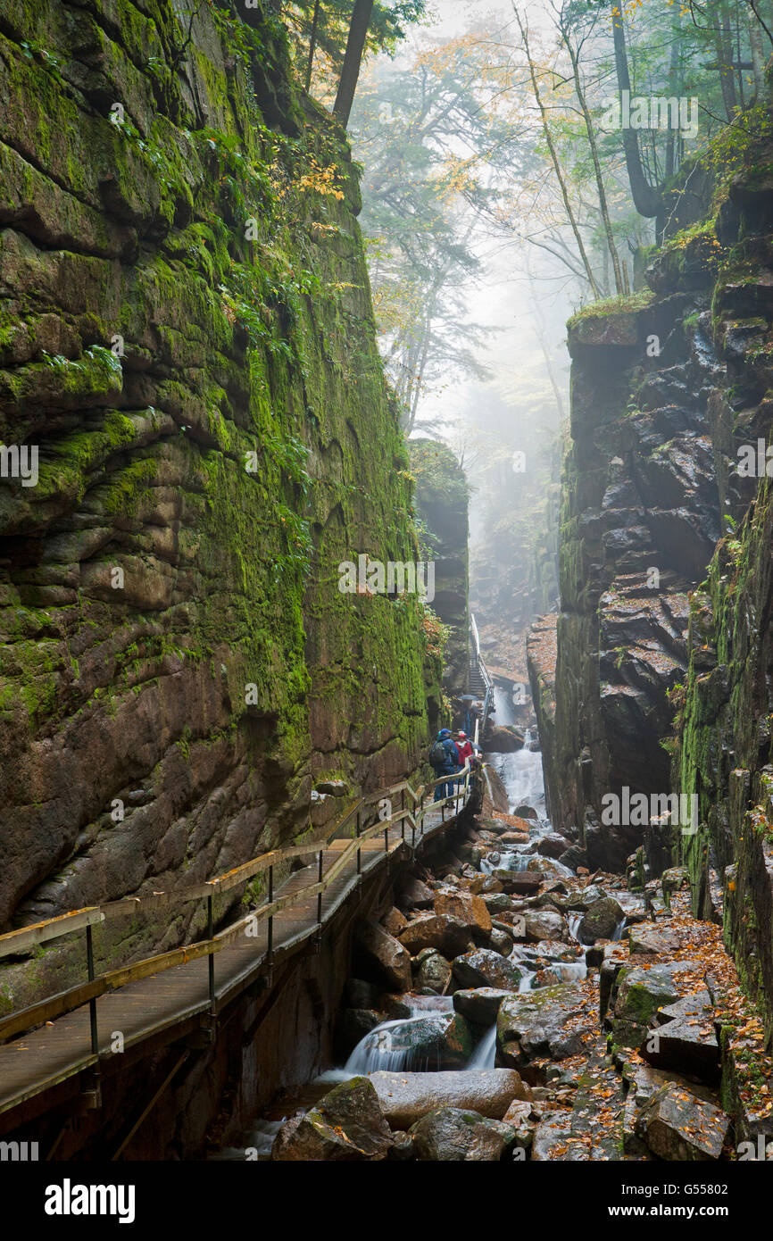 "L' Flume Gorge, Franconia Notch State Park, New Hampshire, STATI UNITI D'AMERICA, boardwalk trail e creek, Ottobre Foto Stock