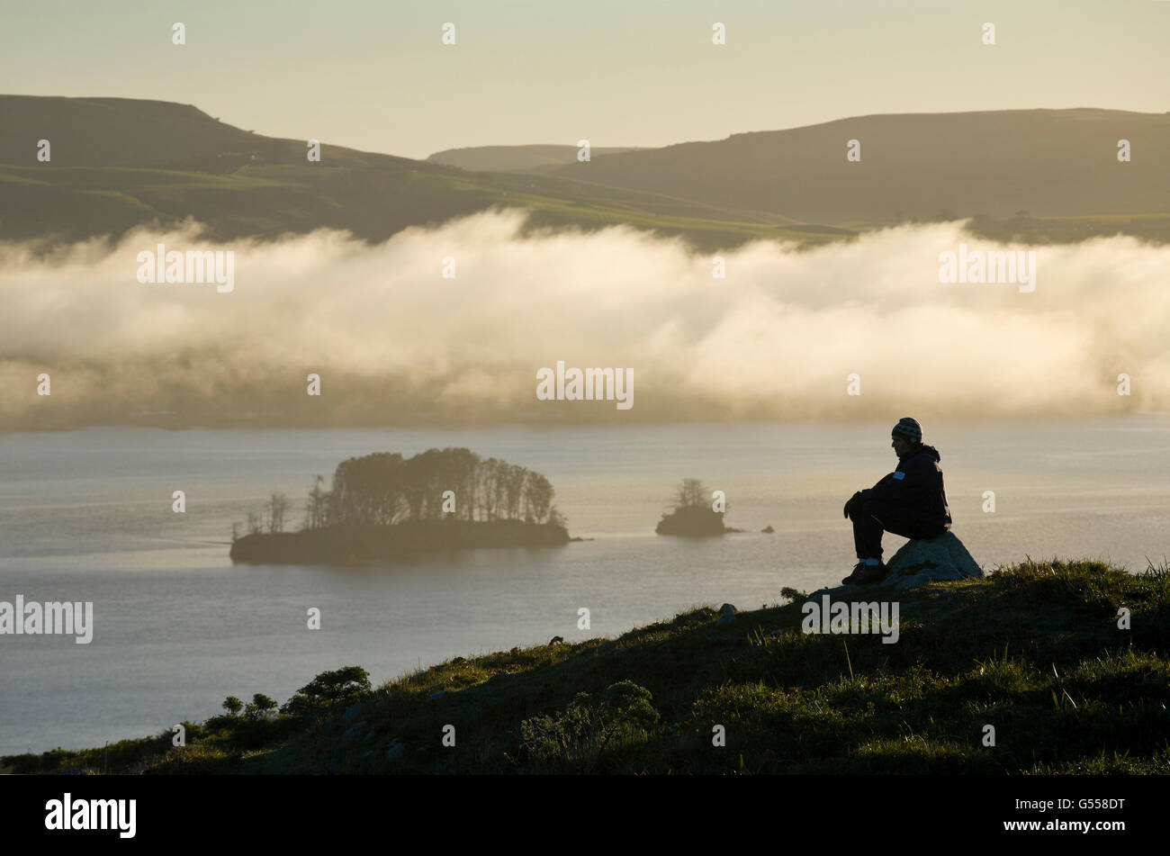 Point Reyes National Seashore, Marin County, California, Stati Uniti d'America, escursionista sul punto di Tomales affacciato sulla Baia di Tomales, Hog Island Foto Stock