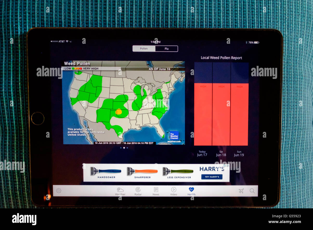 Il Weather Channel, come si è visto su un iPad schermo aria. Mostra di polline e di aree di influenza degli Stati Uniti. Foto Stock