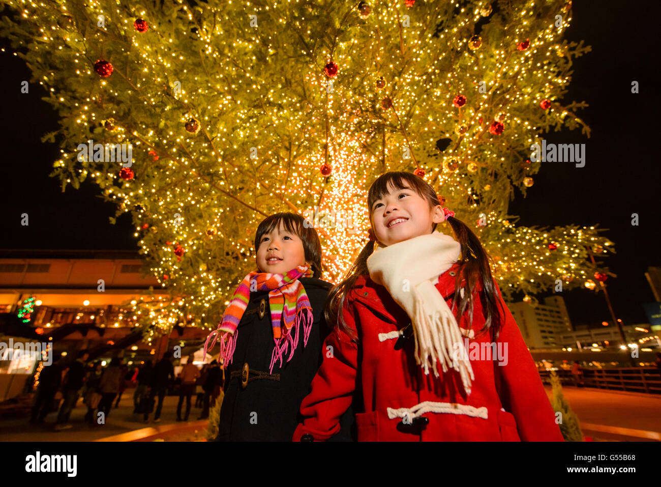 Il giapponese per i ragazzi al di sotto dei outdoor albero di Natale Foto Stock