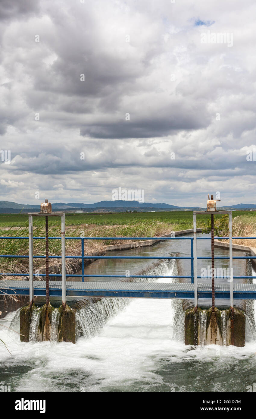 Area di paratoia in enorme canale di irrigazione di alta Guadiana o Vegas Altas, Estremadura, Spagna Foto Stock