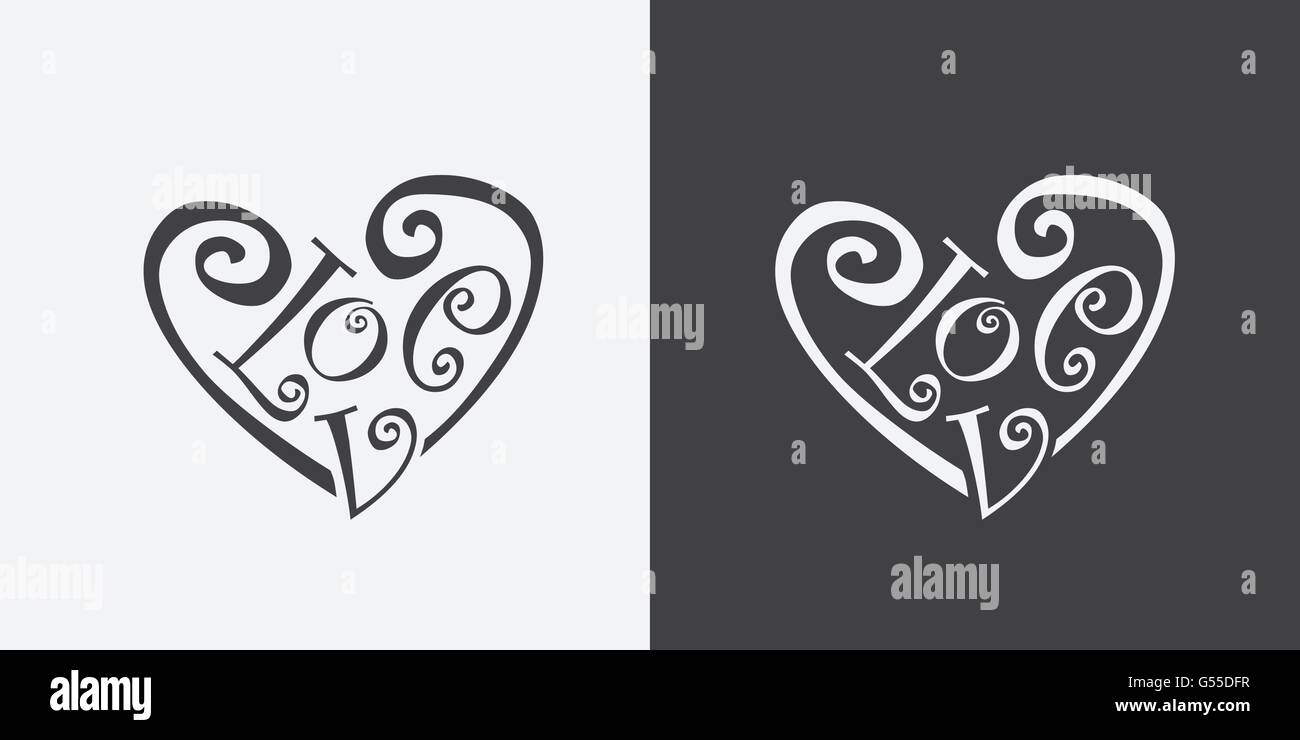 Calligrafica parola amore il significato del simbolo del cuore di illustrazione vettoriale a colori in scala di grigi Illustrazione Vettoriale