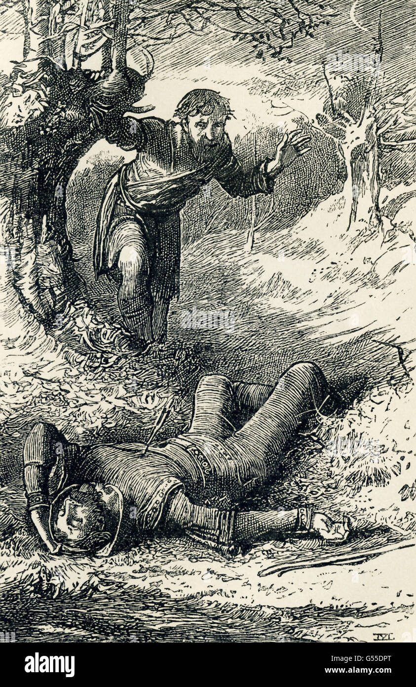 Guglielmo II era re d'Inghilterra dal 1087 al 1100. Egli è conosciuto comunemente come William Rufus o William Rossa. Su una escursione di caccia nel mese di agosto 1100, è stato ucciso da una freccia che colpì il polmone. Le circostanze non sono chiare e il re fu abbandonato dai suoi uomini. Un contadino più successivamente ha trovato il corpo, come si vede qui in questa illustrazione di Edward Dalziel. Questo disegno accompagnato Charles Dickens' conto del racconto nel suo libro "Un Bambino della storia dell'Inghilterra". Foto Stock