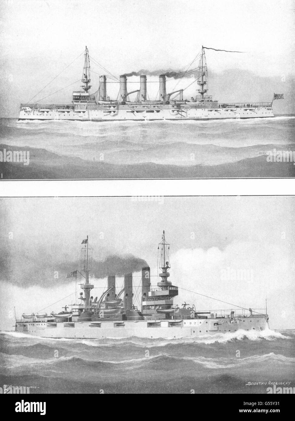 USA: Navi da guerra; Cruiser Milwaukee; corazzata Connecticut-Launched 1904, 1907 Foto Stock