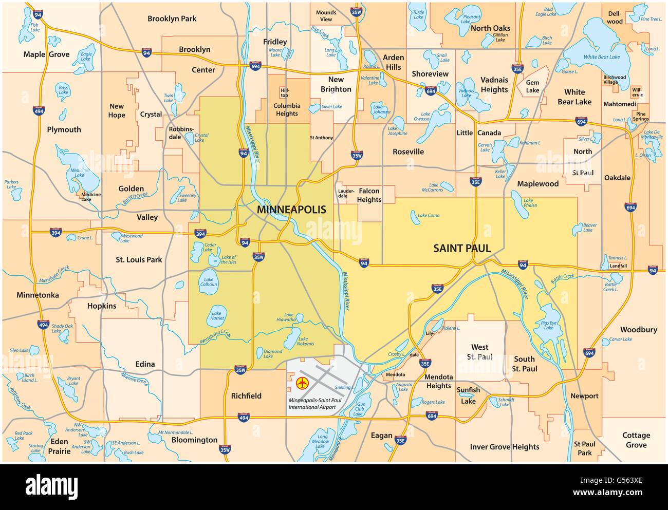 Minneapolis-Saint Paolo su strada e amministrative mappa vettoriale Illustrazione Vettoriale