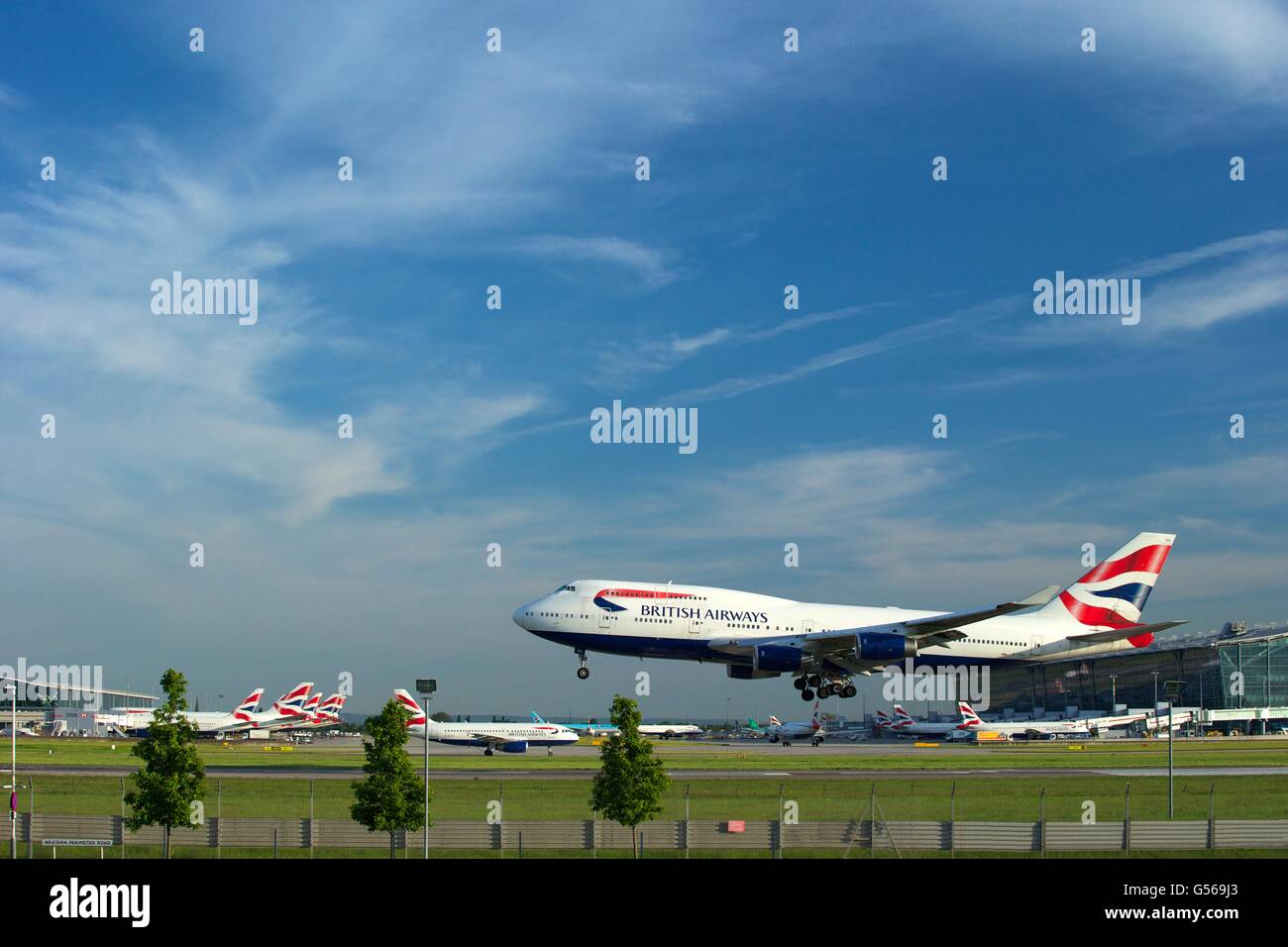 Volo British Airways l'atterraggio all' Aeroporto di Heathrow con il terminale 5 dietro a Londra, Inghilterra, Regno Unito, GB, Foto Stock