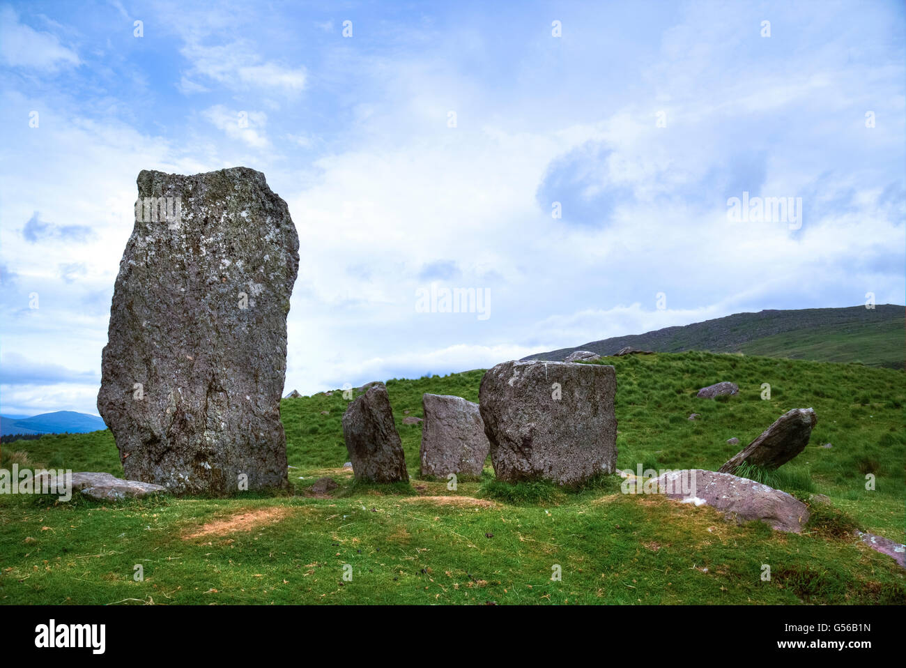 Uragh Stone Circle, Loch Inchiquin, penisola di Beara; Contea di Kerry, Irlanda; Foto Stock