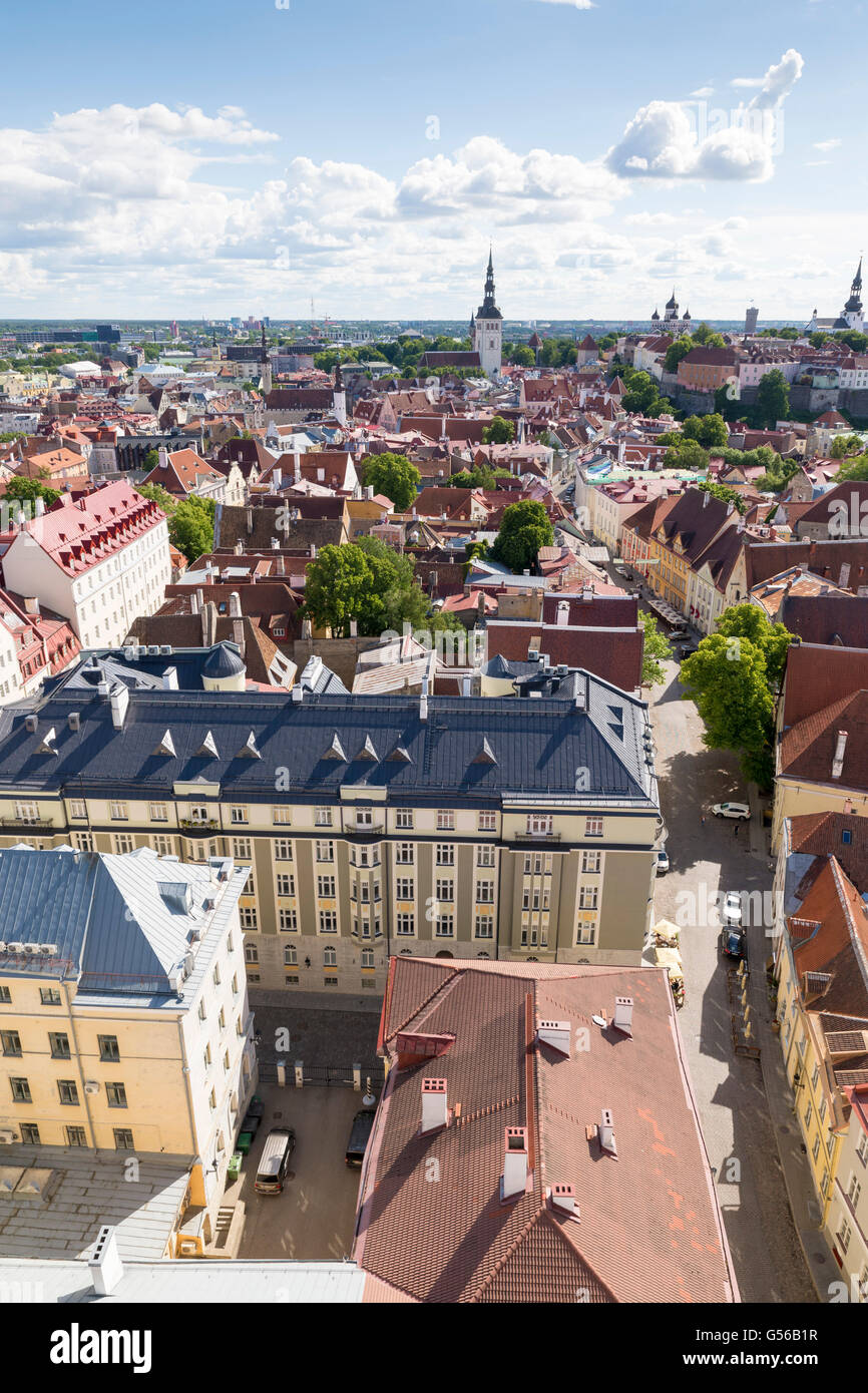 Vista panoramica della città di Tallinn dalla torre della chiesa di San Olav Foto Stock