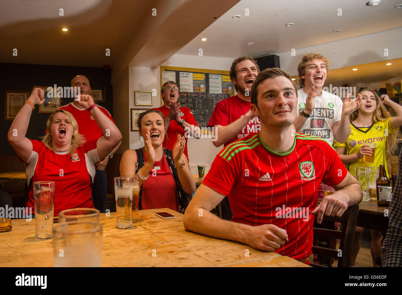 Aberystwyth, UK. Xx Giugno, 2016. Euro 2016 : Welsh i tifosi di calcio in Yr Hen Lew Du (vecchio leone nero) pub in Aberystwyth celebrano il loro team, 3-0 contro la Russia nel loro gruppo finale di gioco in Euro 2016 la concorrenza. Con l'Inghilterra essendo mantenuto a un 0-0 con la Slovacchia , Galles si è conclusa nella posizione superiore nel gruppo B Photo credit: Keith Morris / Alamy Live News Foto Stock Aberystwyth, UK. Xx Giugno, 2016. Euro 2016 : Welsh i tifosi di calcio in Yr Hen Lew Du (vecchio leone nero) pub in Aberystwyth celebrano il loro team, 3-0 contro la Russia nel loro gruppo finale di gioco in Euro 2016 la concorrenza. Con l'Inghilterra essendo mantenuto a un 0-0 con la Slovacchia , Galles si è conclusa nella posizione superiore nel gruppo B Photo credit: Keith Morris / Alamy Live News Foto Stock