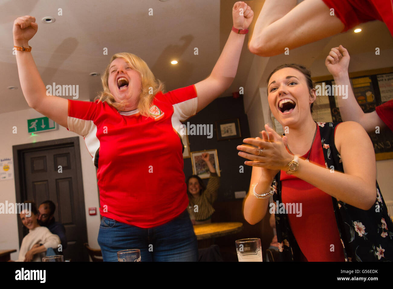 Aberystwyth, UK. Xx Giugno, 2016. Euro 2016 : Welsh i tifosi di calcio in Yr Hen Lew Du (vecchio leone nero) pub in Aberystwyth celebrano il loro team, 3-0 contro la Russia nel loro gruppo finale di gioco in Euro 2016 la concorrenza. Con l'Inghilterra essendo mantenuto a un 0-0 con la Slovacchia , Galles si è conclusa nella posizione superiore nel gruppo B Photo credit: Keith Morris / Alamy Live News Foto Stock Aberystwyth, UK. Xx Giugno, 2016. Euro 2016 : Welsh i tifosi di calcio in Yr Hen Lew Du (vecchio leone nero) pub in Aberystwyth celebrano il loro team, 3-0 contro la Russia nel loro gruppo finale di gioco in Euro 2016 la concorrenza. Con l'Inghilterra essendo mantenuto a un 0-0 con la Slovacchia , Galles si è conclusa nella posizione superiore nel gruppo B Photo credit: Keith Morris / Alamy Live News Foto Stock