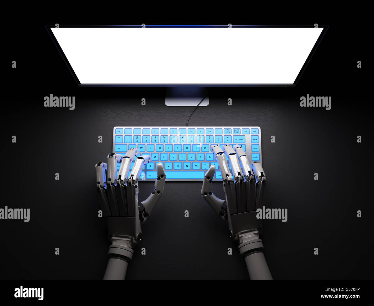 Robot digitando sulla tastiera fluorescente con un luminoso schermo bianco  3d illustrazione Foto stock - Alamy