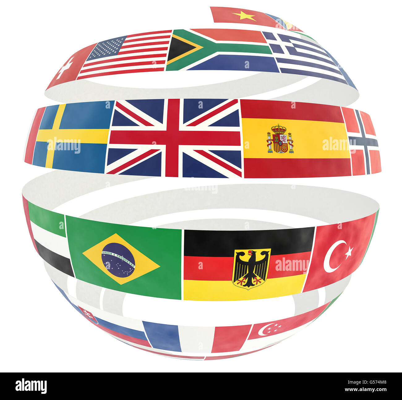 Illustrazione di bandiere nazionali ritorto a spirale come globe Foto Stock