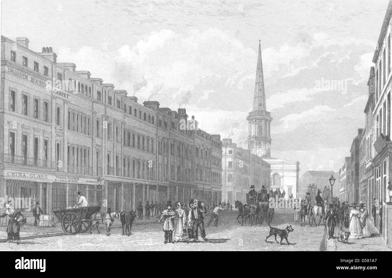 LIVERPOOL: Lord Street con la Chiesa di San Giorgio. (Pyne), antica stampa 1831 Foto Stock