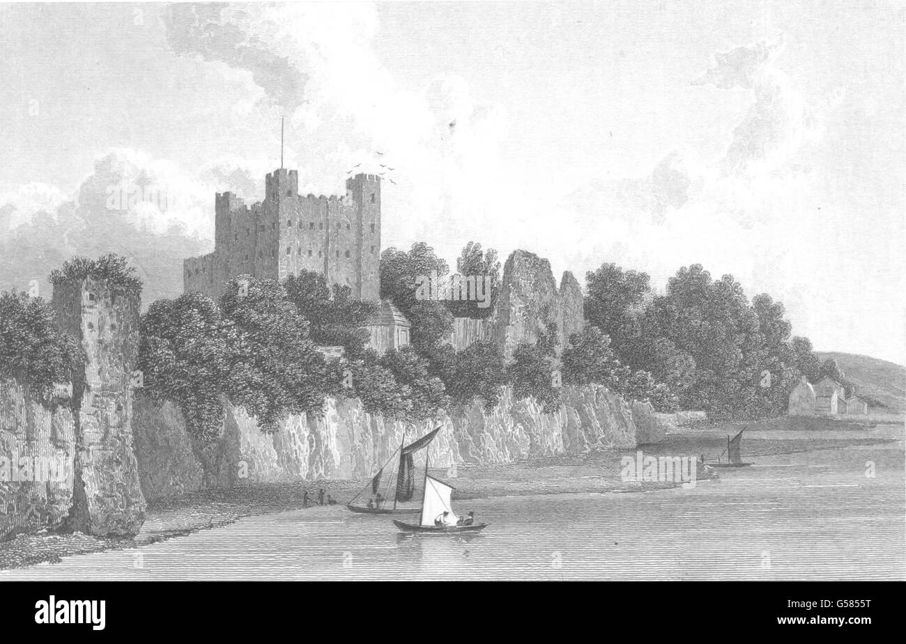 KENT: Rochester Castle dal ponte (Westall), antica stampa 1830 Foto Stock