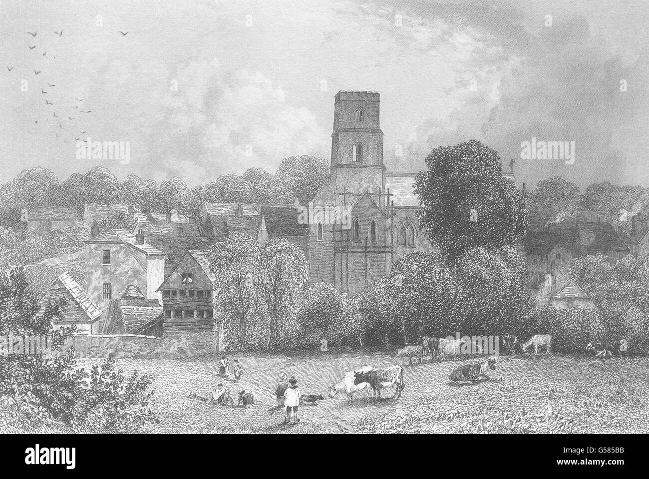 SURREY: Dorking Chiesa: Henshall. vacche. Le figure. Allen, antica stampa 1840 Foto Stock