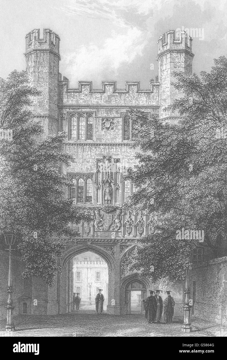 CAMBRIDGE: Trinity College portale di ingresso. Alberi (Le Keux), antica stampa c1842 Foto Stock