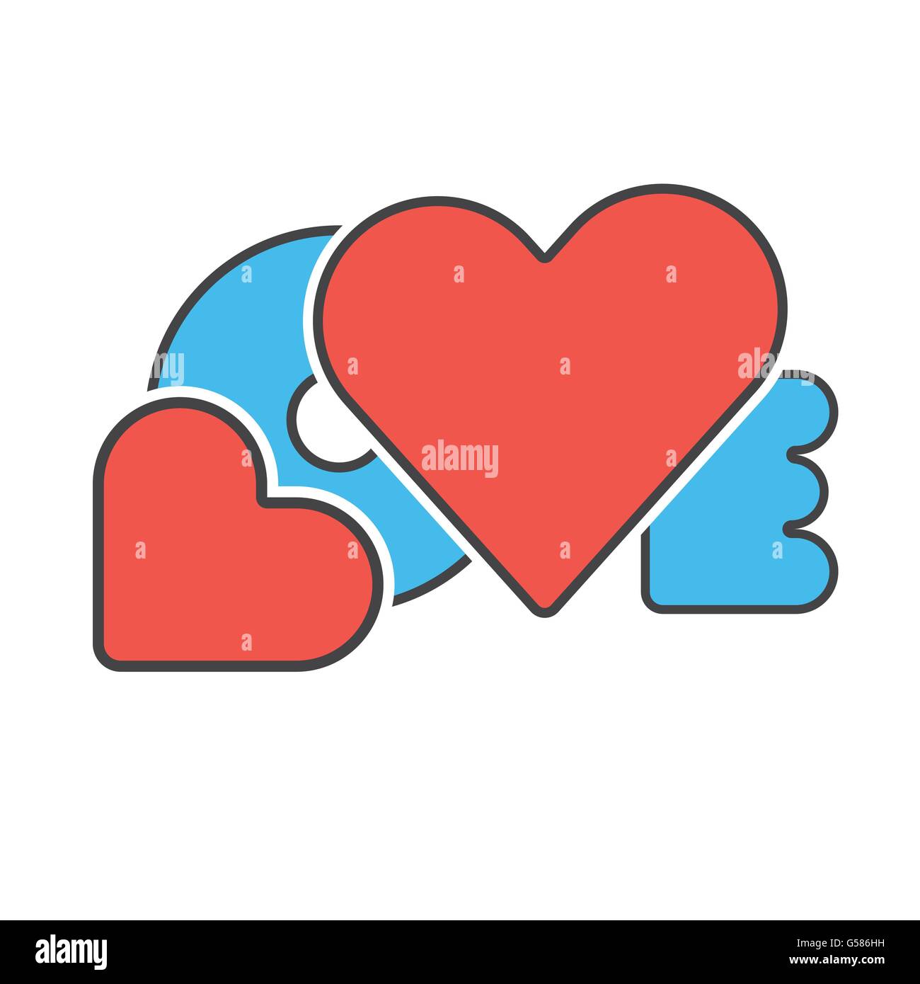 Rosso Blu Colore design creativo parola amore con il cuore simbolo del concetto di amore illustrazione vettoriale Illustrazione Vettoriale
