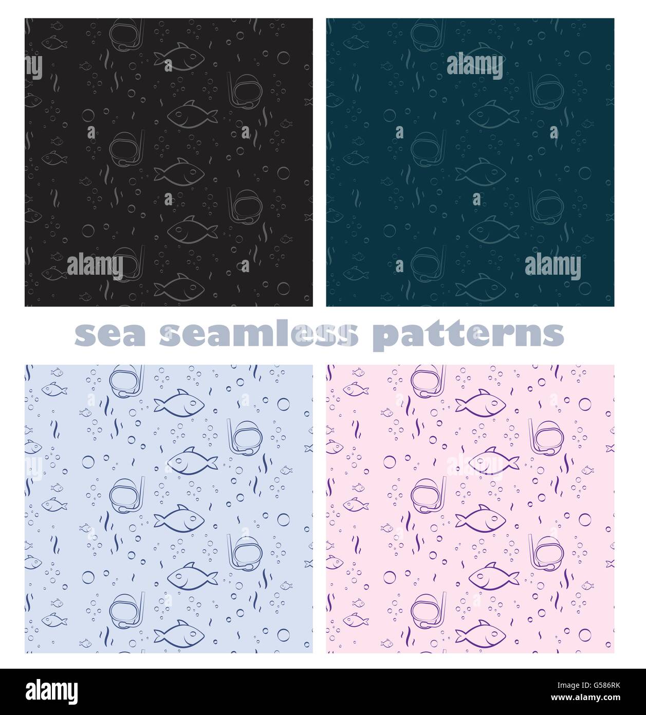 Sea world con testa del subacqueo pesci e bolle modello senza giunture di chiaro e scuro sfondo colorato disegno vettoriale Illustrazione Vettoriale