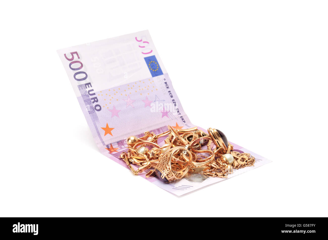 Ornamenti d'oro e euro isolato su uno sfondo bianco Foto Stock