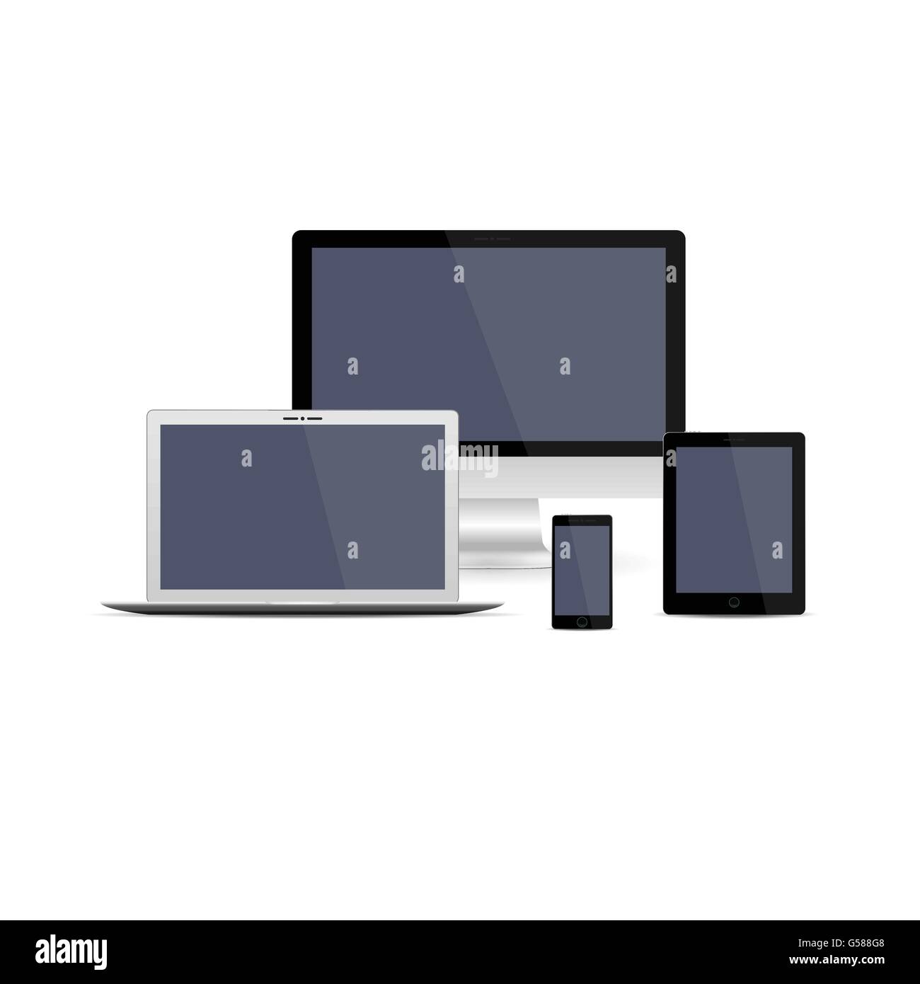 Set di realistici i monitor dei computer, laptop, tablet e telefoni cellulari. Gadget elettronici isolati su sfondo bianco. Vettore Illustrazione Vettoriale