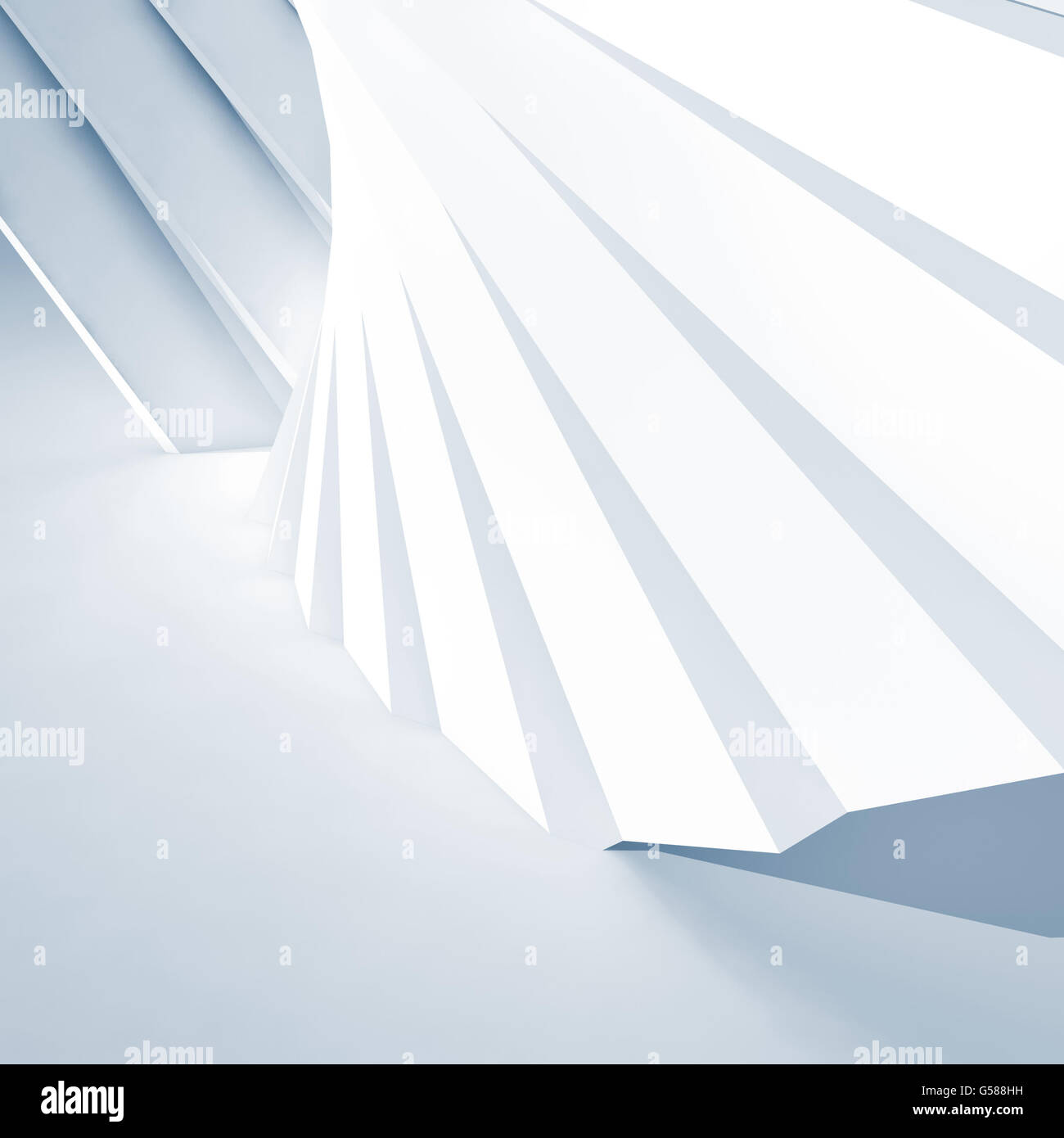 Abstract architettura, sfondo bianco blu interni contemporanei con installazione geometrica, 3d illustrazione Foto Stock