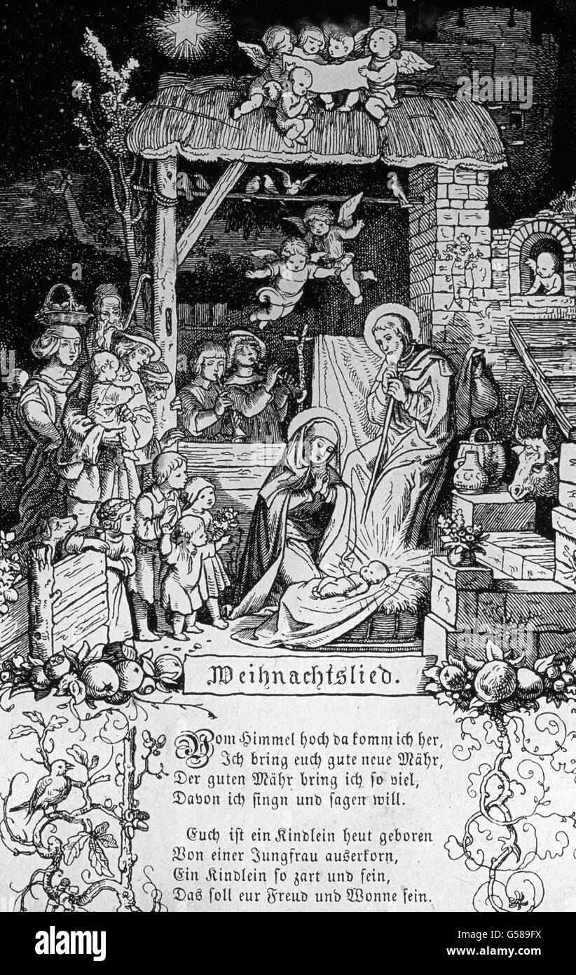 Echt deutsch innig und lieblich aber hat uns unser lieber Ludwig Richter die Heilige Nacht in diesem Bilde geschildert. Tutti i die lieben kleinen Englein, die wissen und deshalb singen sie mit Inbrunst: "Vom Himmel hoch da komm ich lei, ich portare Euch eine gute Mär'. Xix secolo, 1910S, 1920s, xx secolo, Natale, illustrazione, archivio, Carl Simon, storia, storici in bianco e nero vetrino, stabel, Notte Santa, stabel, famiglia, Maria, figlio, Gesù Cristo, Giuseppe, angeli, cantando, stella, Foto Stock