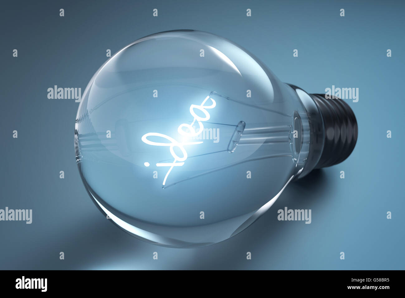 Idea concetto con lampadine su uno sfondo blu,3d rendering Foto Stock