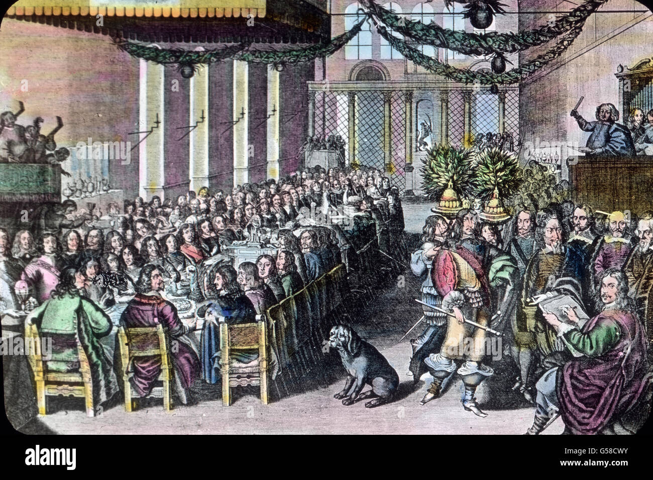 Am Ende des Dreißigjährigen Krieges erlebte Nürnberg mit dem Nürnberger Exekutionstag von April 1649 bis Juli 1650 ein letztes Mal ein beddeutendes Ereignis. Ein Höhepunkt war das äFriedensmahli, das am 25. Settembre 1649 aus Anlass der offiziellen Unterzeichnung des Friedensvertrags im großen Saal des Rathauses stattfand. Norimberga, Franconia, Baviera, storia, storia, pittura, Carl Simon, scivolo in vetro colorato a mano Foto Stock