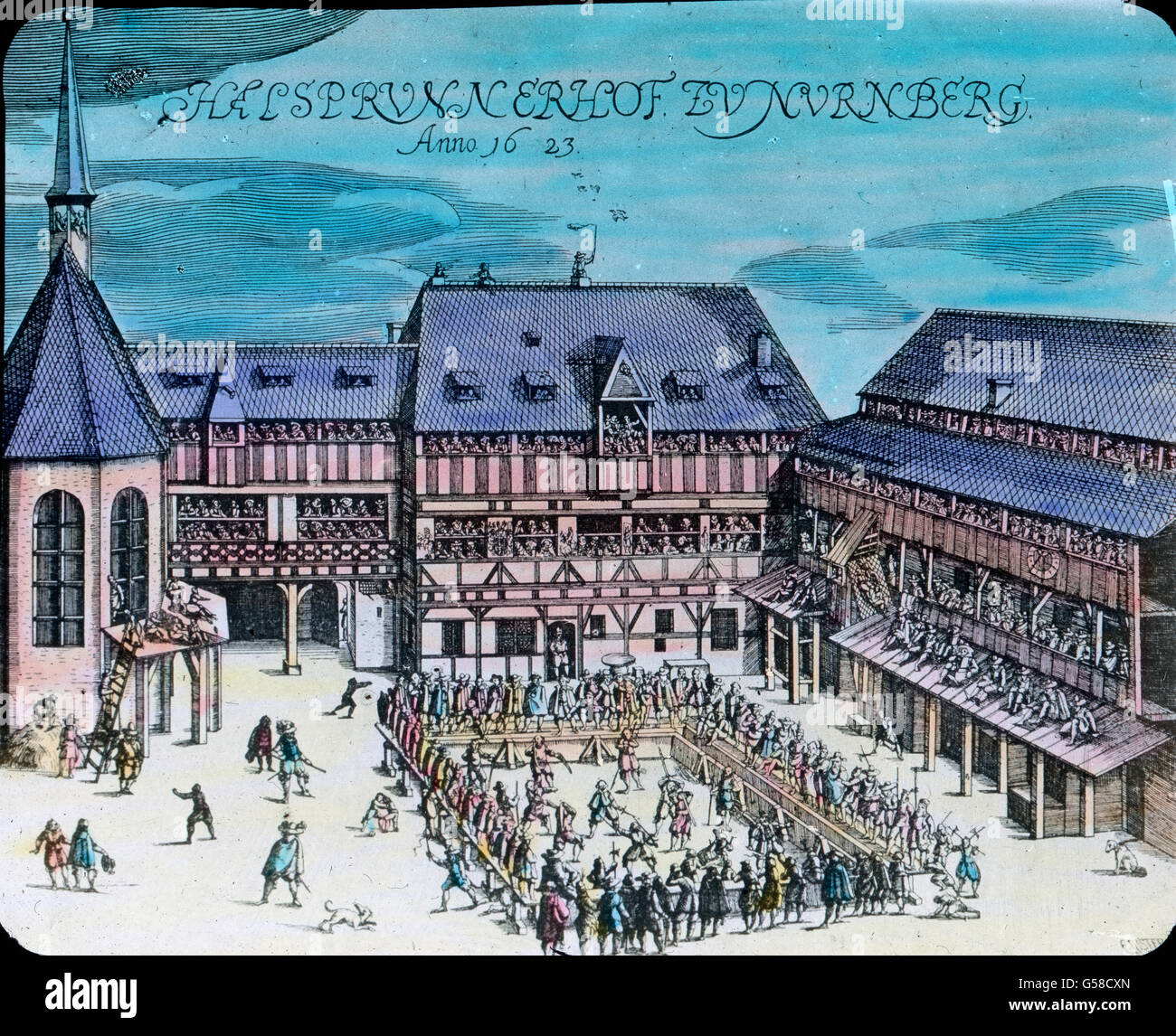 Im 17. Jahrhundert lernte man das Fechten im Heilbronner Hof a Nürnberg. Norimberga, Franconia, Baviera, storia, storia, pittura, Carl Simon, scivolo in vetro colorato a mano Foto Stock