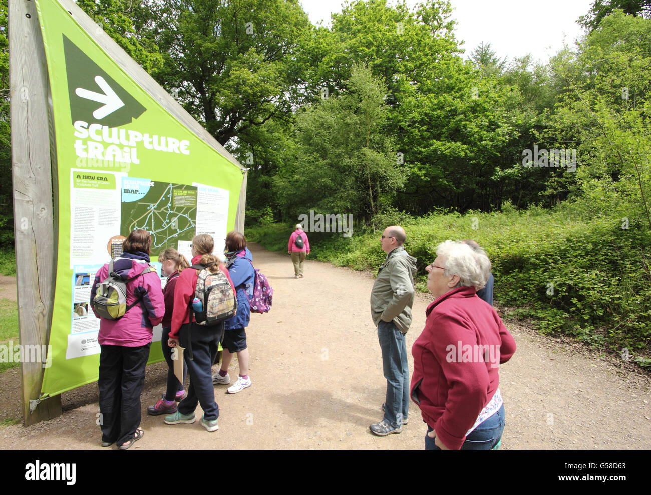 Visitatori guarda la scheda informazioni all'inizio del sentiero delle sculture nella Foresta di Dean vicino a Coleford - fine Maggio Foto Stock