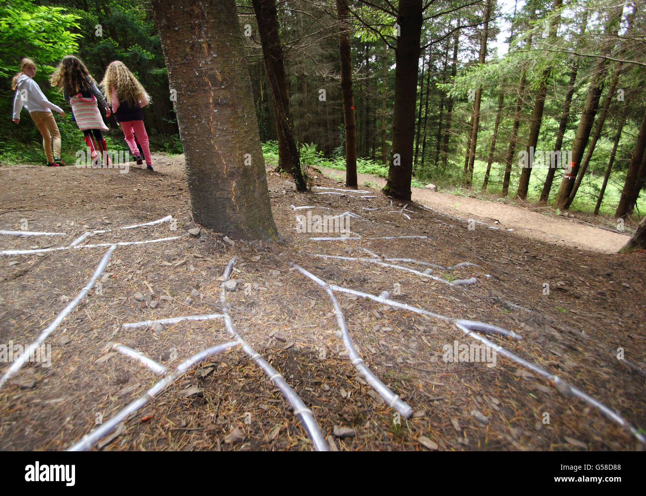 I giovani visitatori la Scultpure sentiero nella Foresta di Dean per artista, Andrea Roe della foresta senzienti installazione, Gloucs. Regno Unito Foto Stock