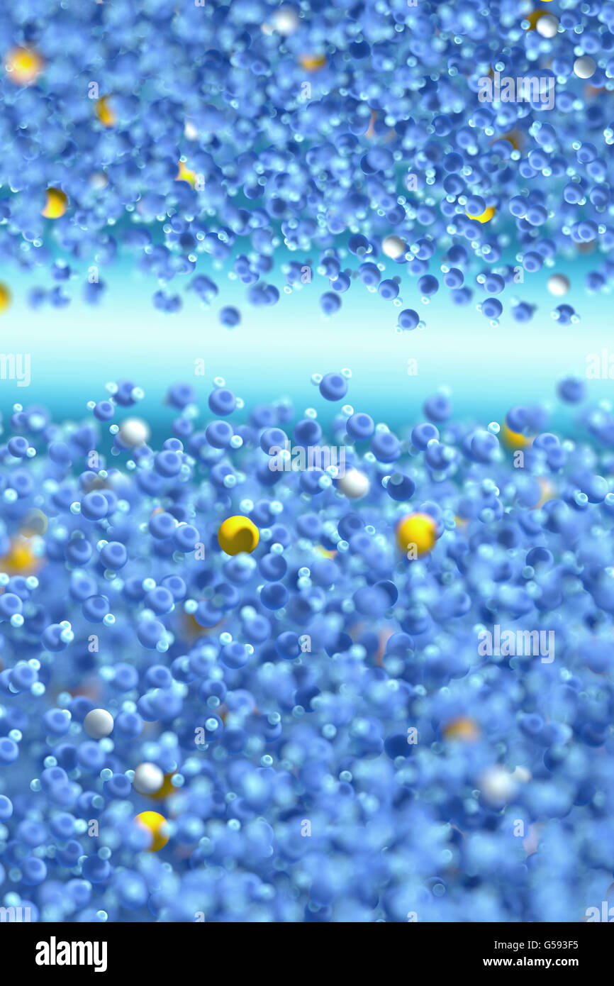 Acqua (in blu) è un composto chimico contenente ossigeno ed atomi di idrogeno. Altri composti (in giallo) sono sali minerali o Foto Stock
