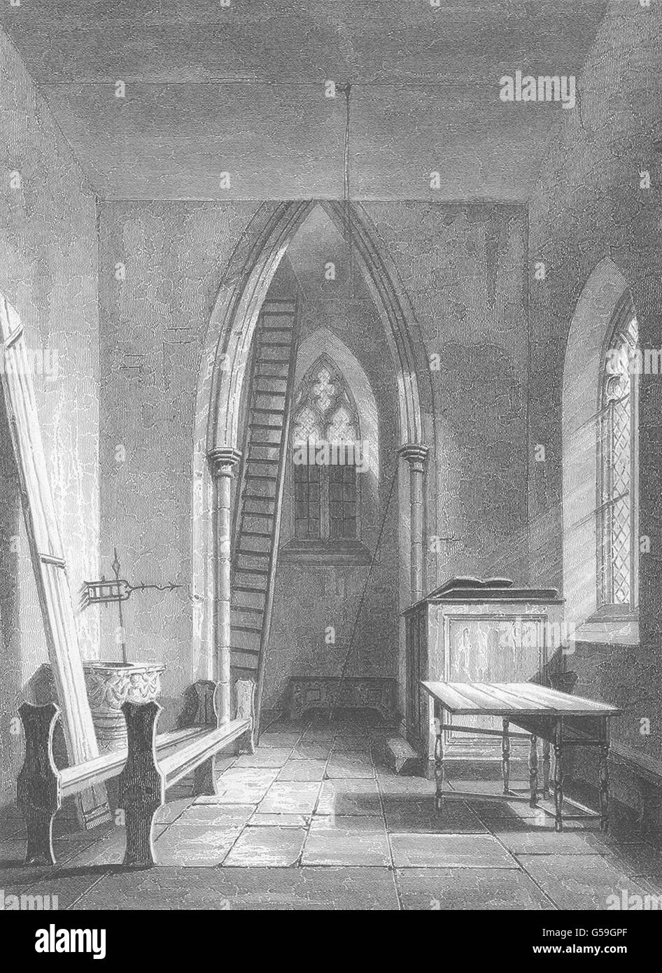 CAMBRIDGE: la chiesa di San Pietro interno. Font. Leggio (Le Keux), stampa 1842 Foto Stock