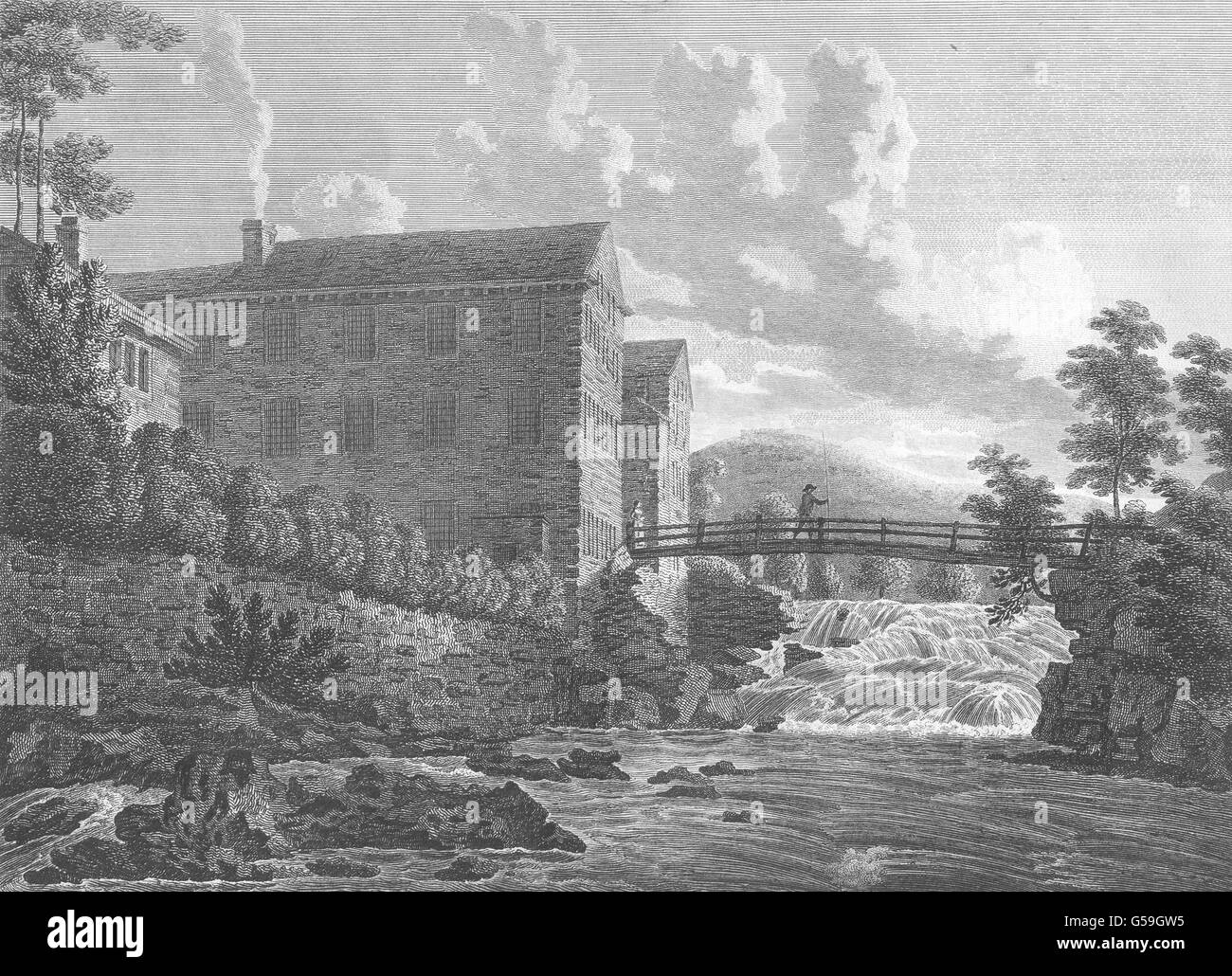 LANCASHIRE: Ashton Scout Mill. Aikin / Stockdale. Pescatore, antica stampa 1794 Foto Stock