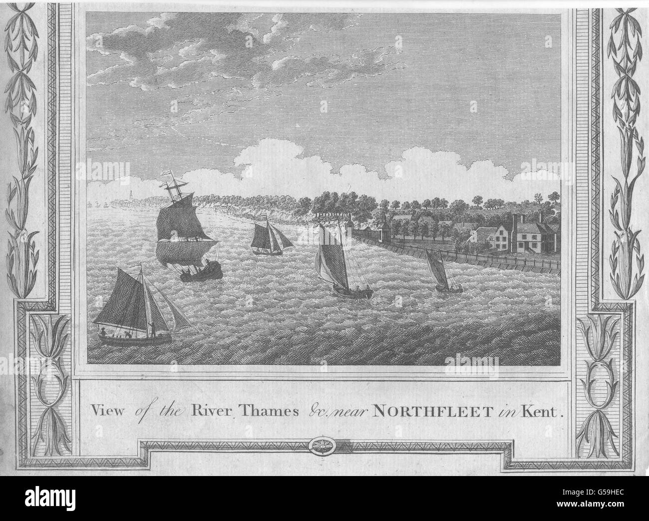 KENT: Fiume Tamigi vicino a Northfleet. 3 bordi decorativi (divise) , 1784 Foto Stock
