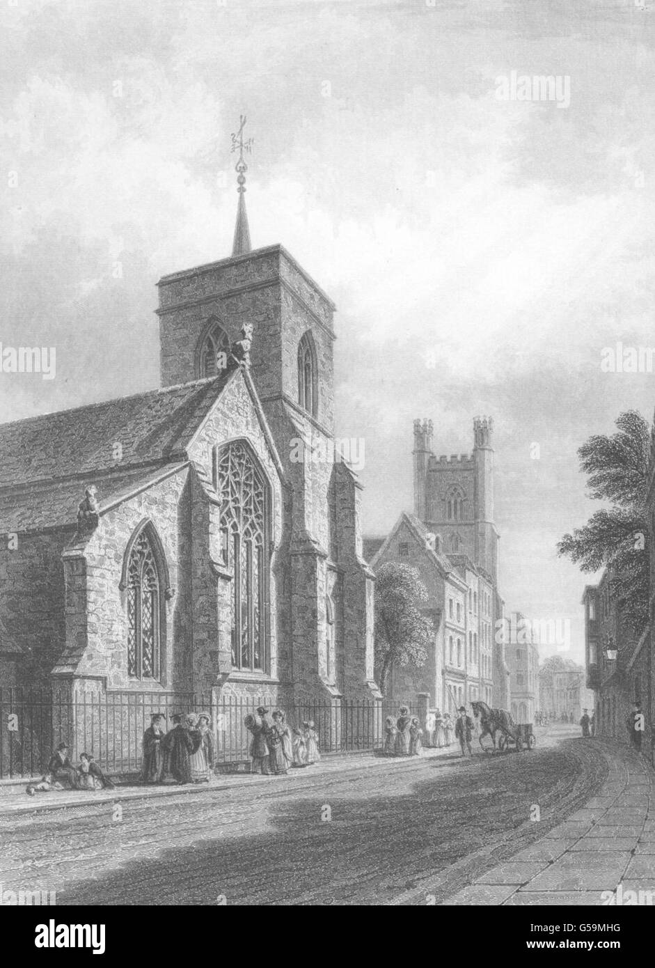 CAMBRIDGE: Chiesa di St. Michael esterno. Street. Alberi (Le Keux), stampa c1842 Foto Stock