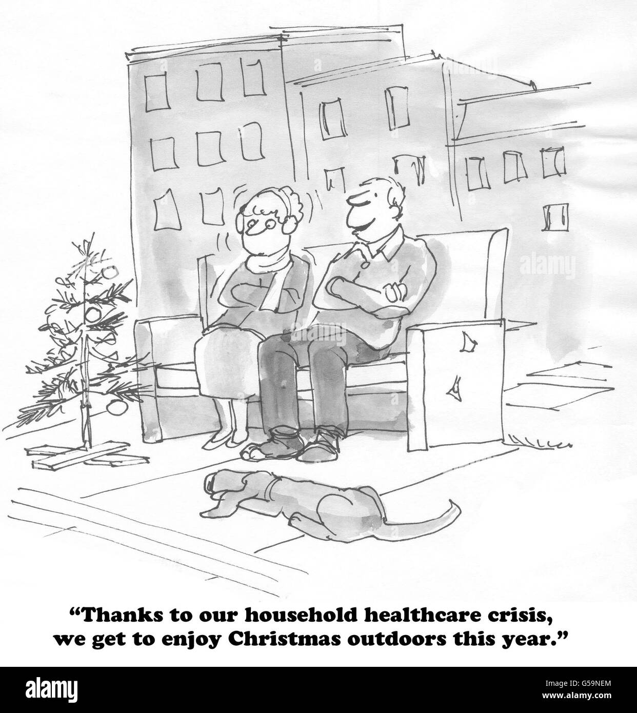 Cartoon circa una coppia di anziani che hanno speso tutti i loro soldi sui servizi sanitari in modo essi sono senzatetto a Natale. Foto Stock