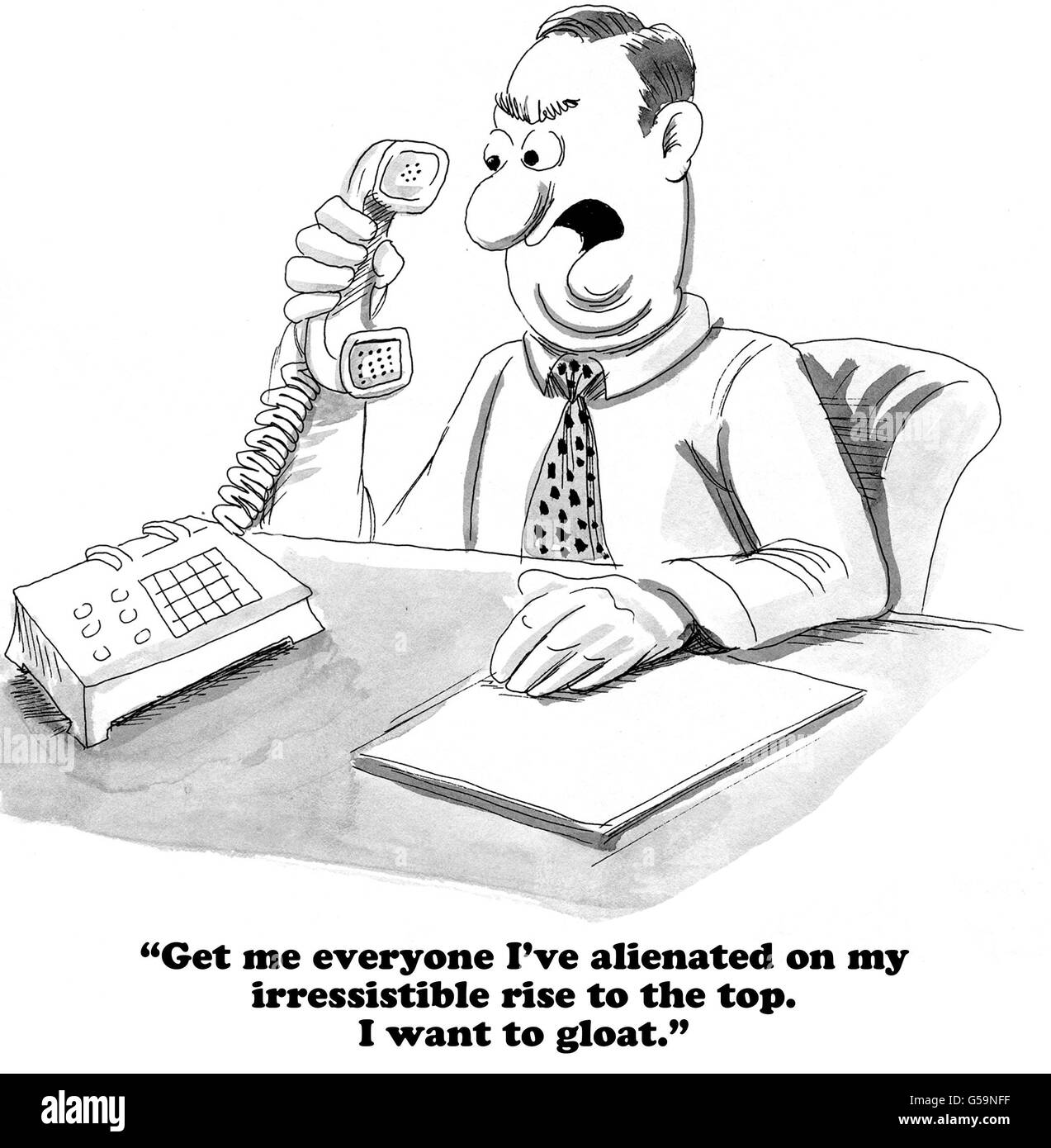 Business cartoon circa una C-suite executive che vuole gloat a coloro che egli ha alienato sulla sua strada verso l'alto. Foto Stock