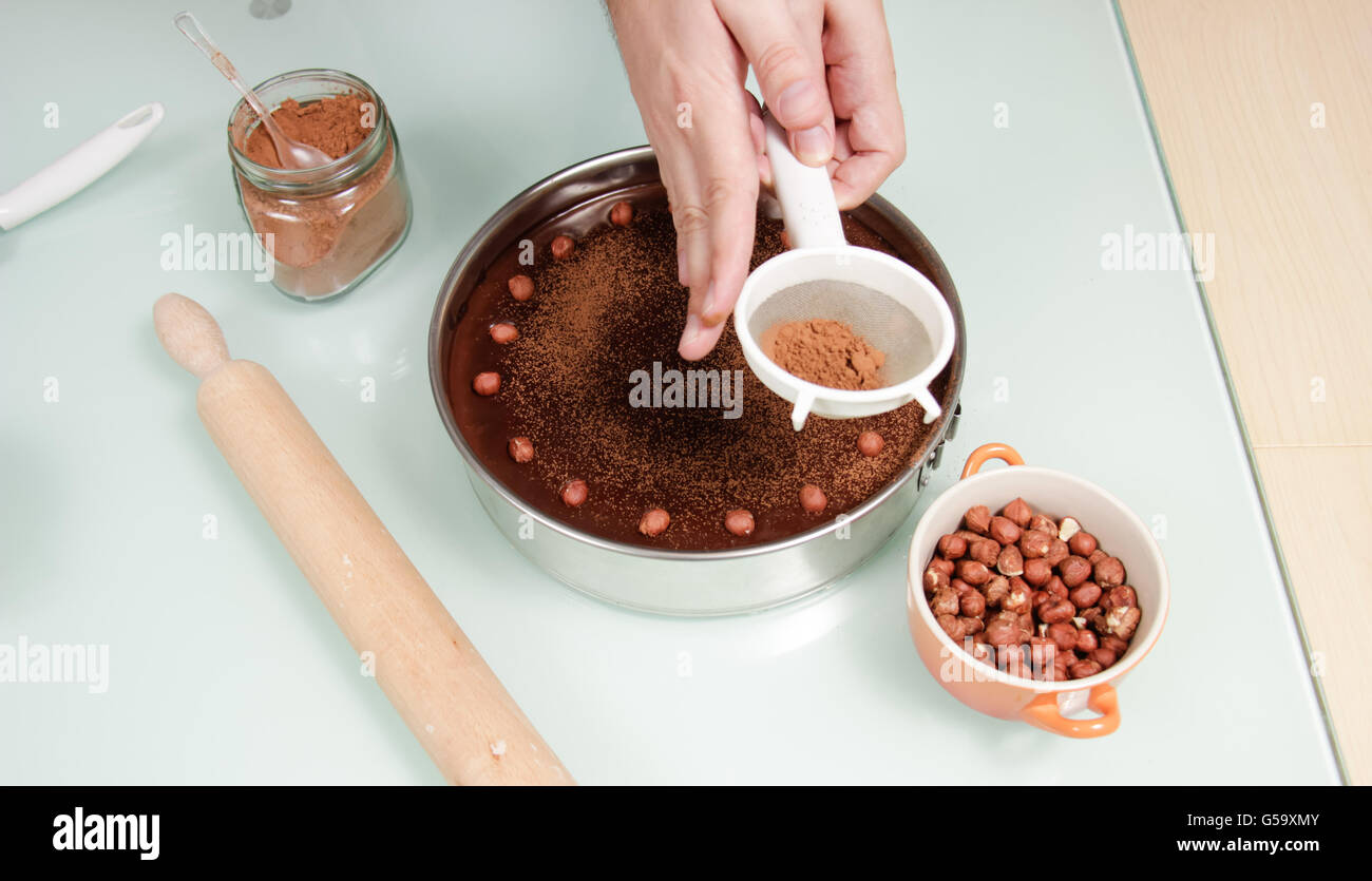 Decorazione a mano il cioccolato Sacher, Sachertorte, torta vista in elevazione. Foto Stock