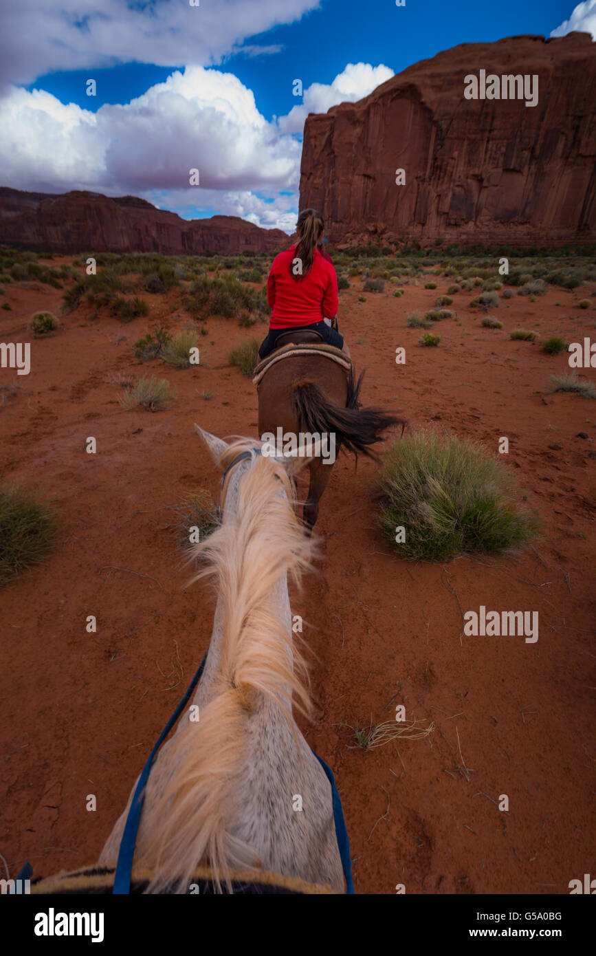 Il Monument Valley Equitazione prospettiva in prima persona dal cavallo Comoposition verticale Foto Stock